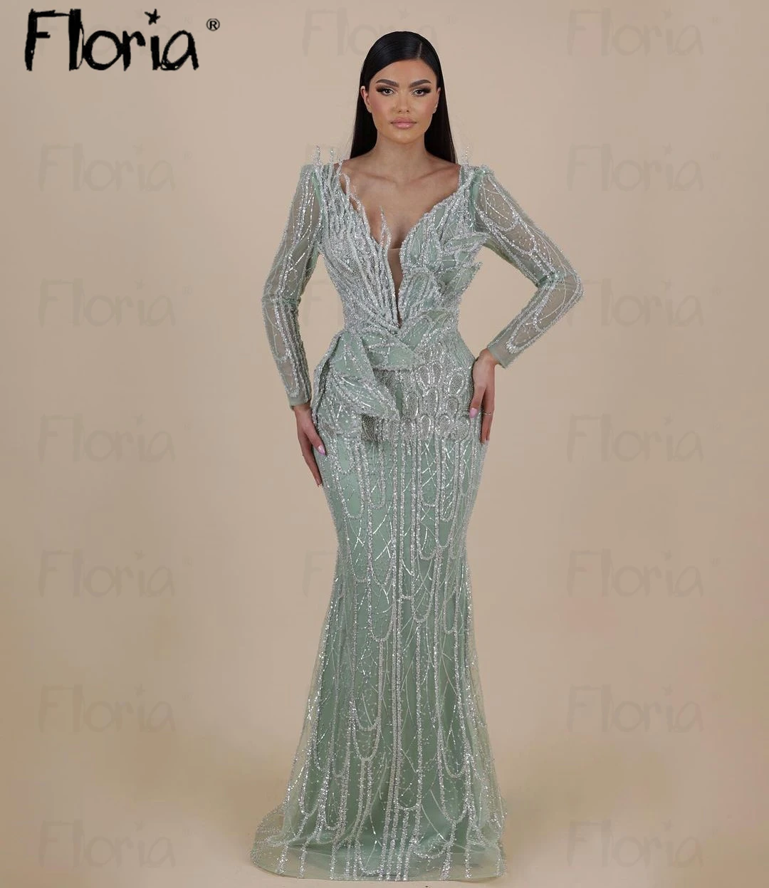 

Deep V Neck Long Sleeve Beads Sage Green Prom Dresses Sparkly Sequins Wedding Party Gowns Arabic Mermaid Vestidos De Gala 2024