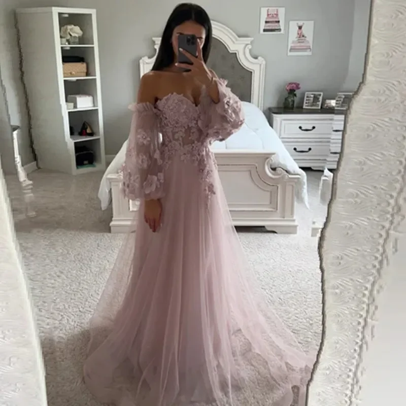 

Sweet Prom Dresses A Line Lace Appliqued Illusion Off The Shoulder Puffy Long Sleeves Boho Formal Evening Party Prom Gowns Robe