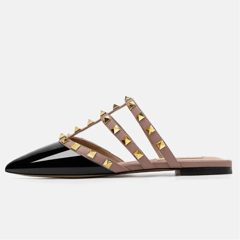 

Europe AmericaPopular Patent Leather Rivet Flat Women Slippers Summer Women Sandals Leather Mules Mid Heel Stud Women Shoes