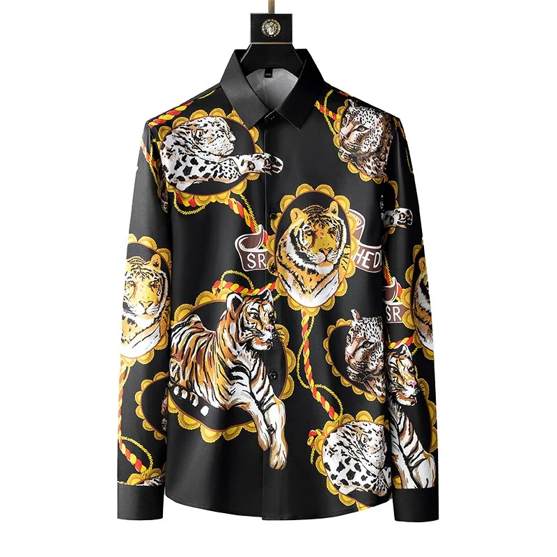 

Luxury Tiger Print Rhinestone Shirts Men Spring Long Sleeve Slim Fit Casual Business Dress Shirt Social Nightclub Tuxedo Blouse