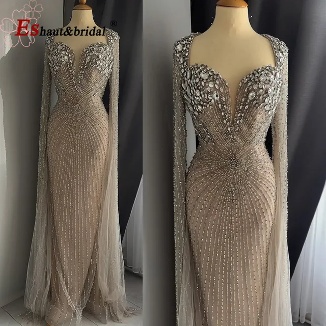 Elegant Mermaid Beads Evening Dress for Women with Cape Sleeves 2025 Luxury Dubai Long Formal Prom Wedding Party Gown Customized 1