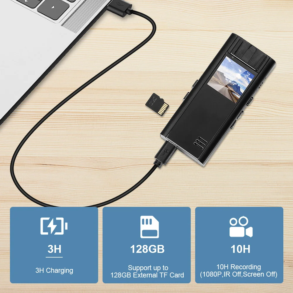 Vandlion A30 미니 비디오 녹음기, 백 클립 포함, 2200mAh 긴 배터리 수명, 110 도 광각 바디 마운트 웹캠, 자동차용