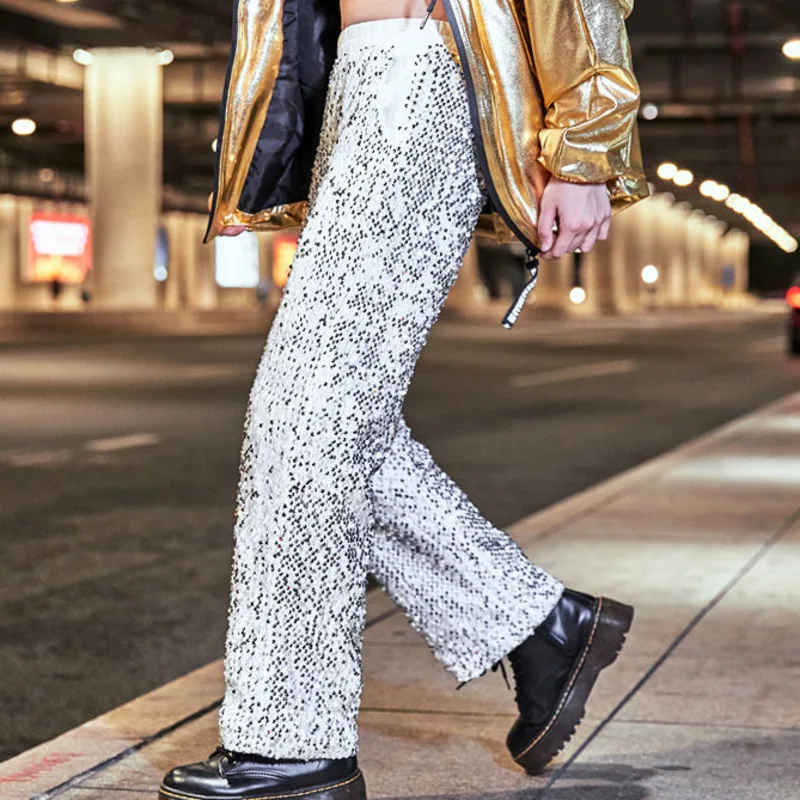 

Nightclub Streetwear Shinny Sexy Sequins Pant Men 2022 Costumes Flare Pant New Erkek Pantolon Men Stage Costumes Trouser White