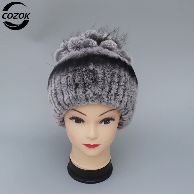 

Women Real Rex Rabbit Fur Knitted Caps Beanies Winter Hats For Women Natural Rabbit Fur 2023 Russia Keep Warm Hat