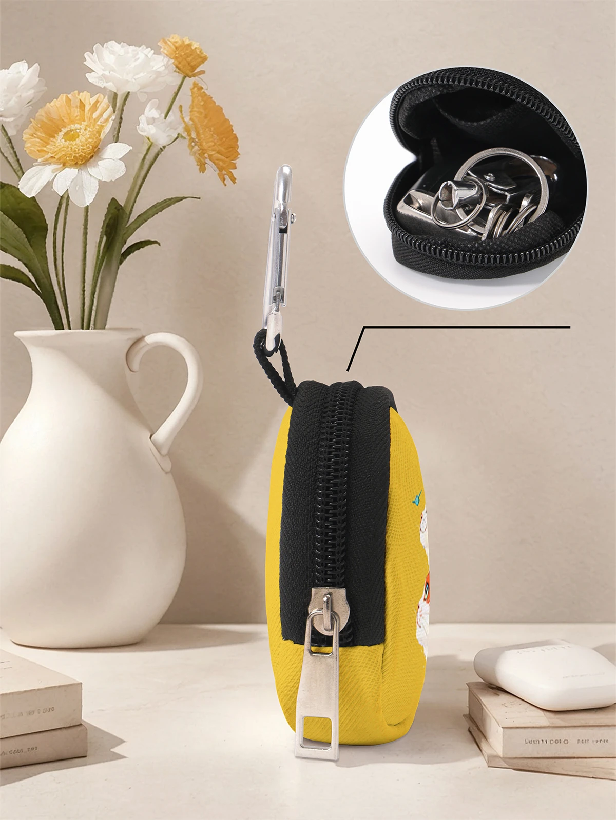 Cat pattern printed mini wallet, zipper change bag with hook clip, headphone key bag, suitable for men and women