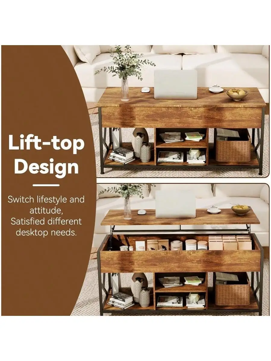 47.2 inches Lift Top Coffee Table for Living Room Rectangular Wooden Coffee Table with Large Hidden Storage and 4 Open C 4