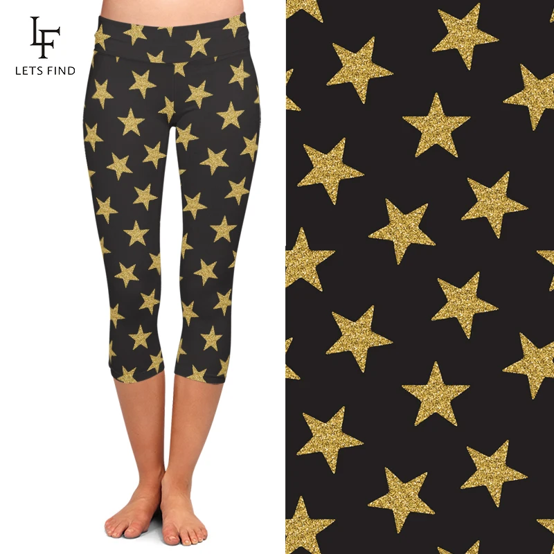 Fashion Pentagram Print Women Black Capri Leggings High Waist Milk Silk Mid-Calf 3/4 Stretch Casual Leggings