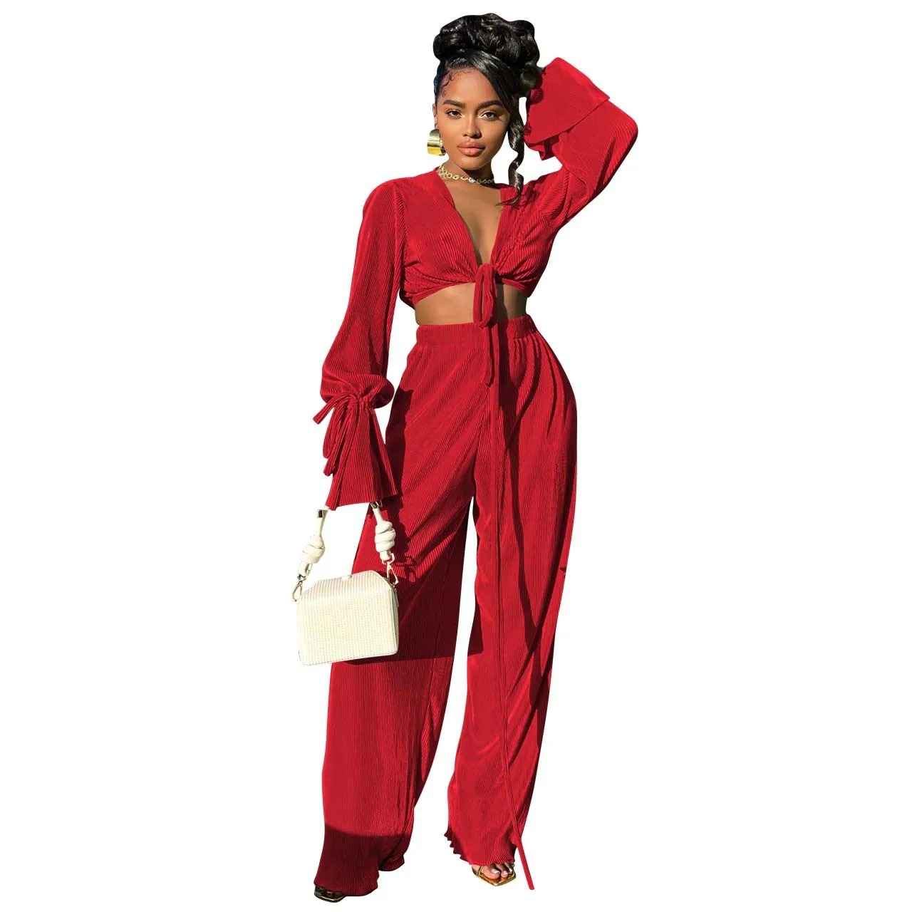 

African Clothes Women 2 Piece Set Lace Up Crop Tops And Wide Leg Pant Suits Fashion New Solid Pleated Sexy African Outfits 2023