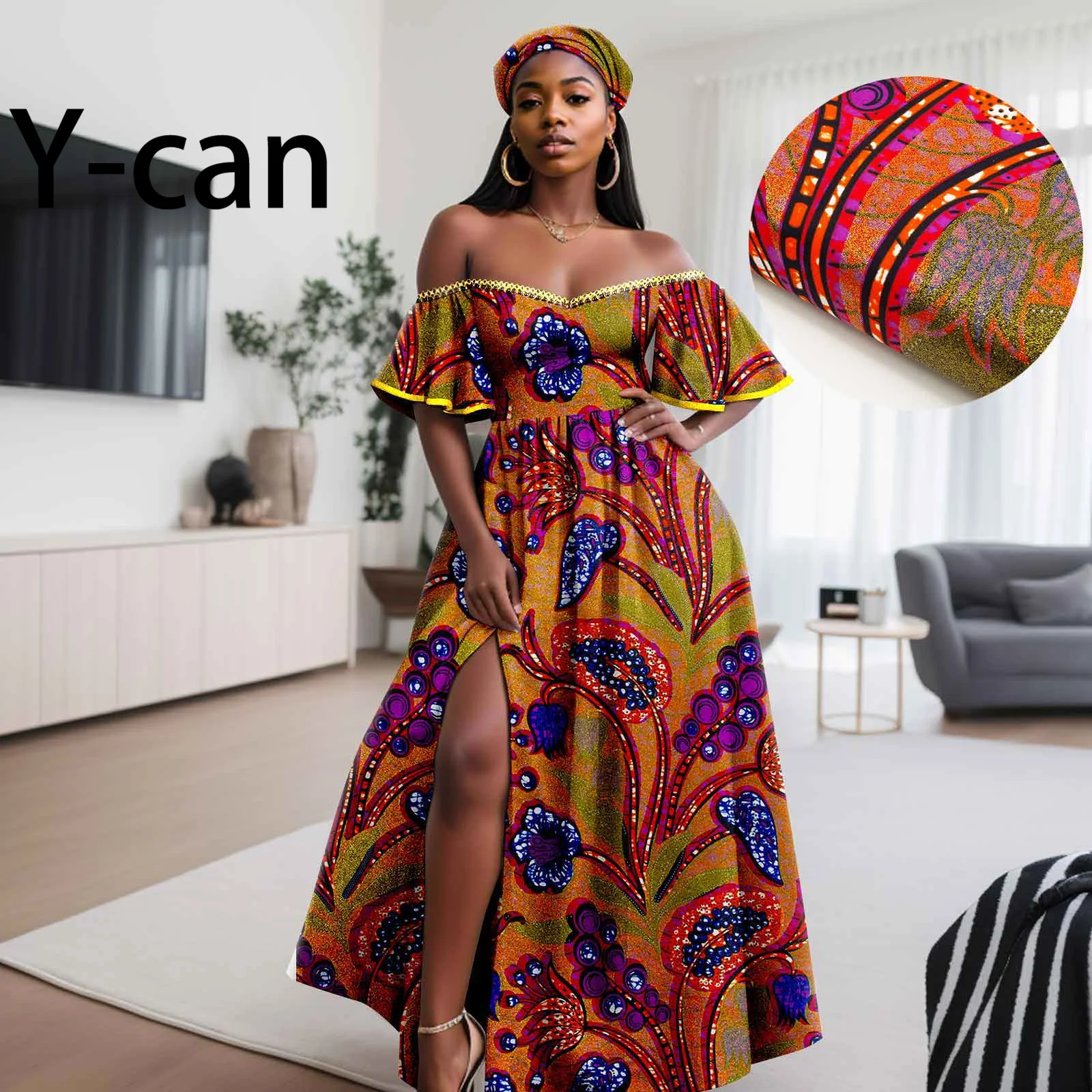 African Women's Evening Dress Gown Luxury Long Dress Shining Vestidos with Turban Headwrap Bazin Riche  Wedding Dress 2425060 bazin riche african men clothing print shirts with three chain and pants 2 piece set dashiki outfits plus size casual a2216020
