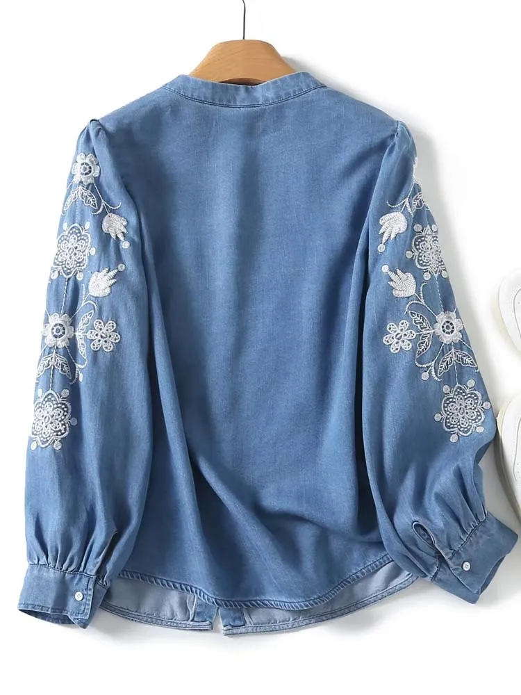 Streetwear 2024 New Floral embroidery shirt for women Denim blouse High quality O-neck Long Puff sleeve tops Autumn INKEO 4T058
