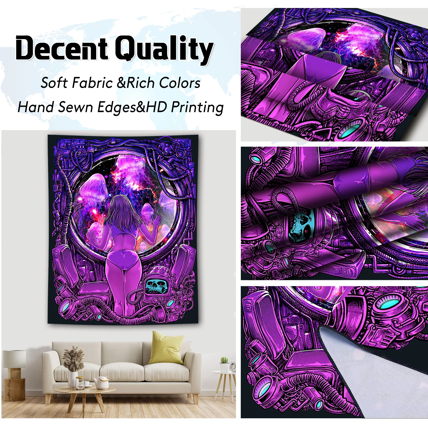 Tapestry Decor Canvas Girl Looking At Jellyfish UV Reactive Galaxy Space Tapestries For Wall Hanging