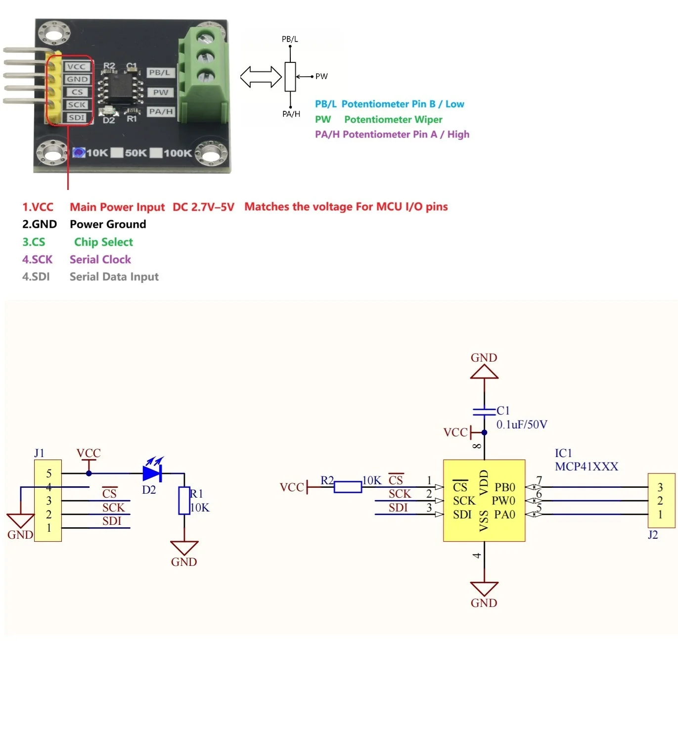 MCP41010 10K 디지털 전위차계 모듈 8비트 256단계 SPI 인터페이스 2.7V-5.0V 아두이노 오디오 볼륨 제어용