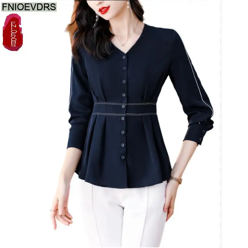 

M-4XL 2023 Women European Style Ruffle Belly Black Tunic Peplum Top Blouses Office Lady Solid V Neck Basic Shirts