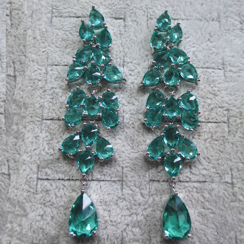 925 Silver Needle Personality Long Green Rhinestone Water Drop