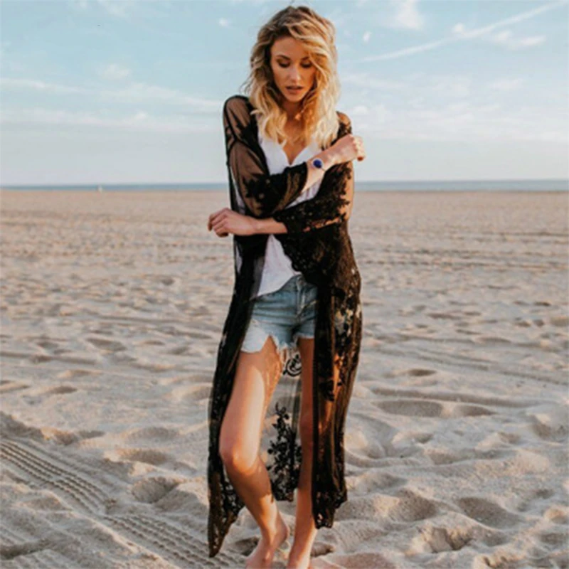 

Women Summer Lace Beach Kimono Cardigan Feminino Embroidery Blouse Long Shirt Black White Camisa Feminina 2019 Tunic Outerwear