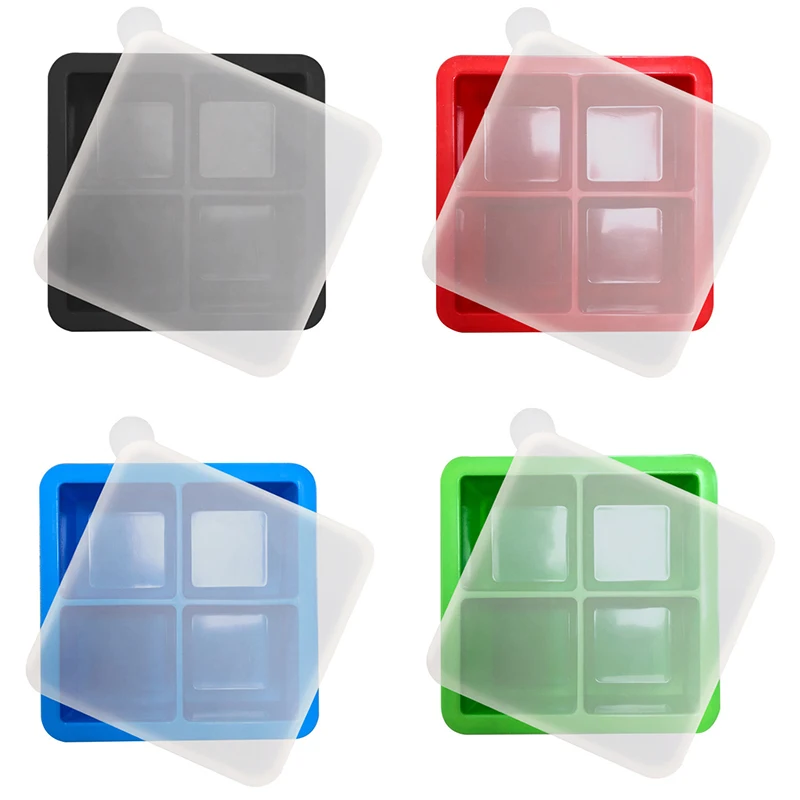 4 Grids Big Ice Cube Maker Tray with Lid Silicone Square Ice Mold Mould