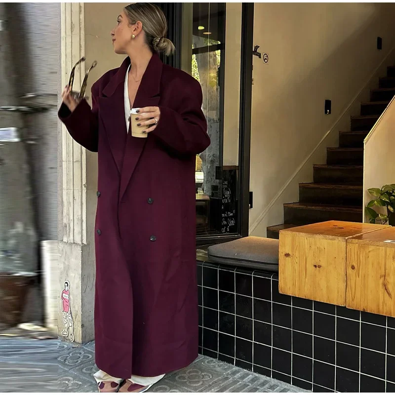 Fashion Burgundy Red Woolen Long Coat Women Oversized Shoulder Pads Full Sleeve Double Breasted Overcoats Autumn Lady Streetwear