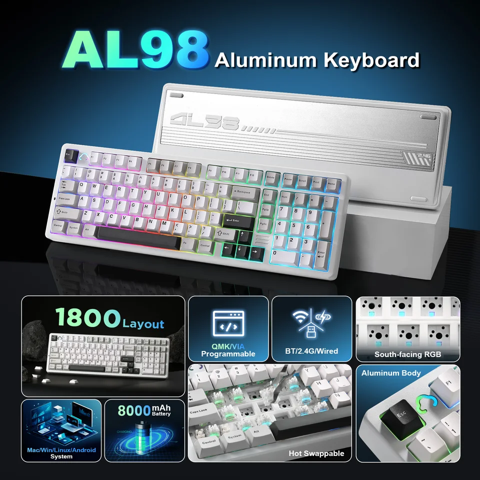 YUNZII AL98 White QMK/VIA Wireless Mechanical Keyboard, 1800