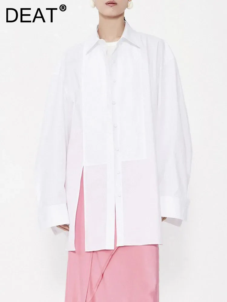 

Женская однобортная блузка DEAT, свободная Однотонная рубашка с лацканами и длинным рукавом, с Боковым Разрезом, весна 2024