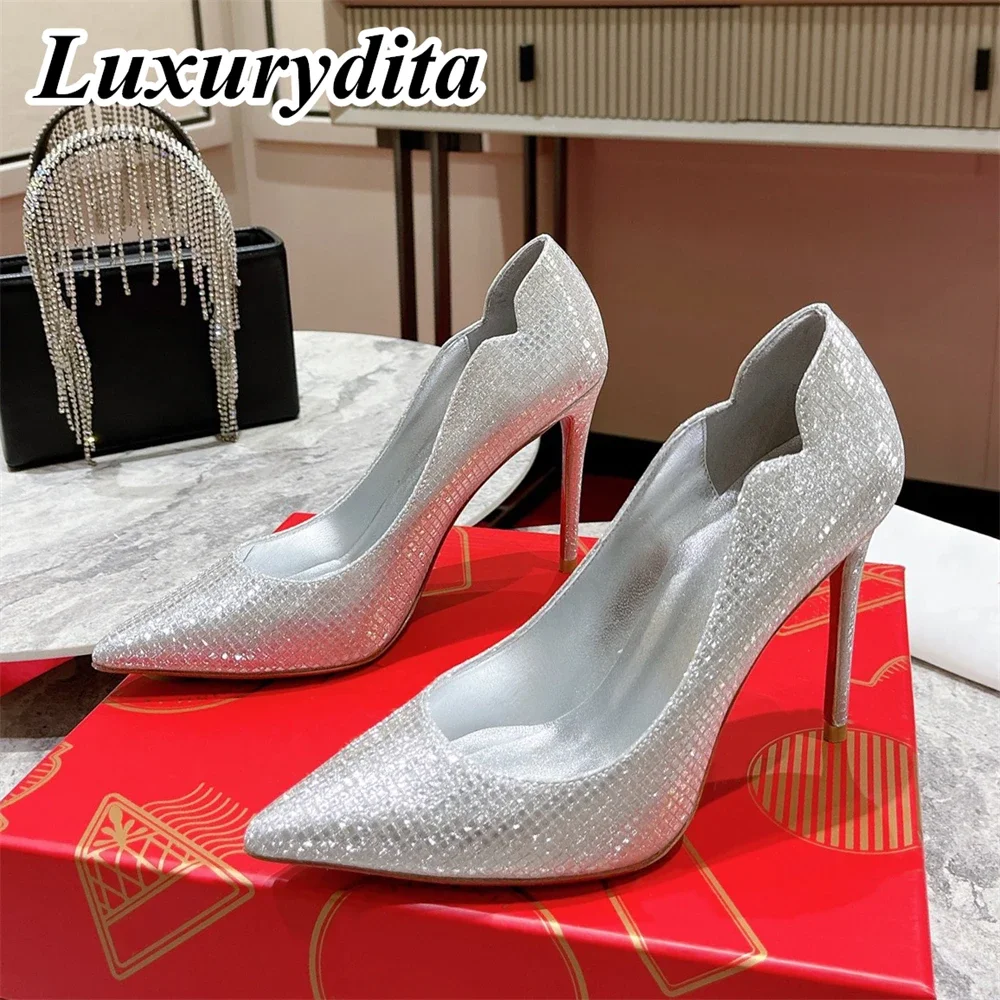 

LUXURYDITA Women Sandal Luxury 10cm 12cm High Heels Designer Customize Red Heel Socialite Dinner Mules Flat shoes H183