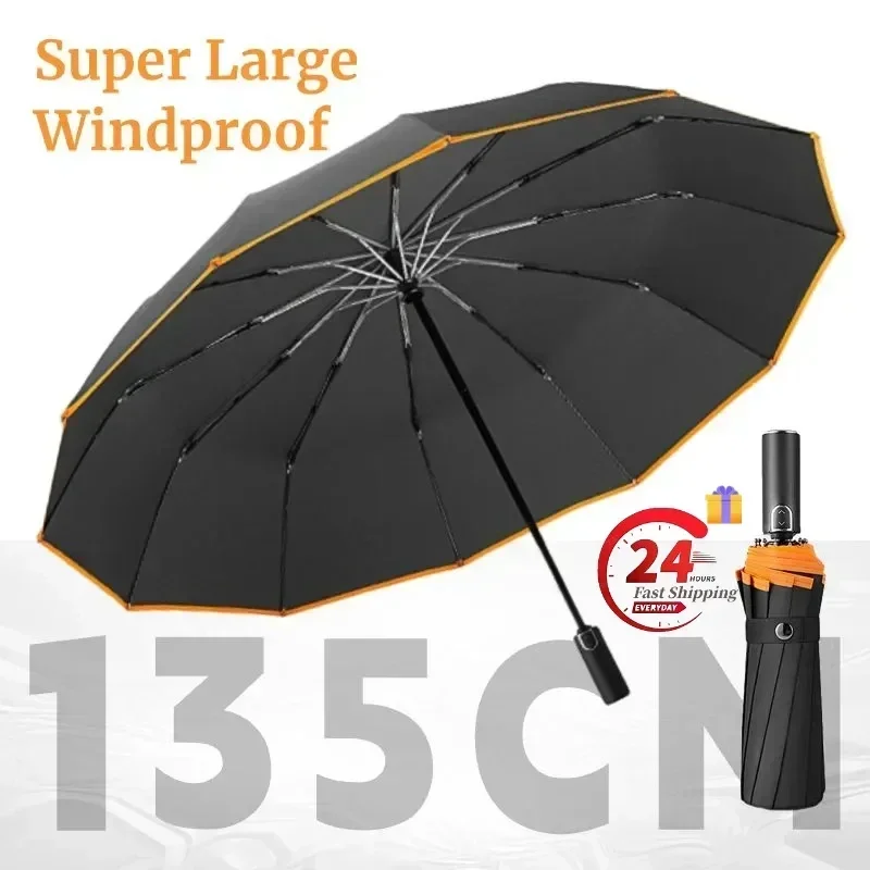 135CM Super Large Windproof Automatic Folding Men Umbrella Reinforced Wind Resistant Sun and Rain Umbrellas Big Parasol