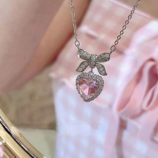 Crystal Zircon Bow Knot Heart Pendant Necklaces Y2K Pink Heart Ladies Girls Fashion Elegant Clavicle Chain Women Jewelry 2023 2