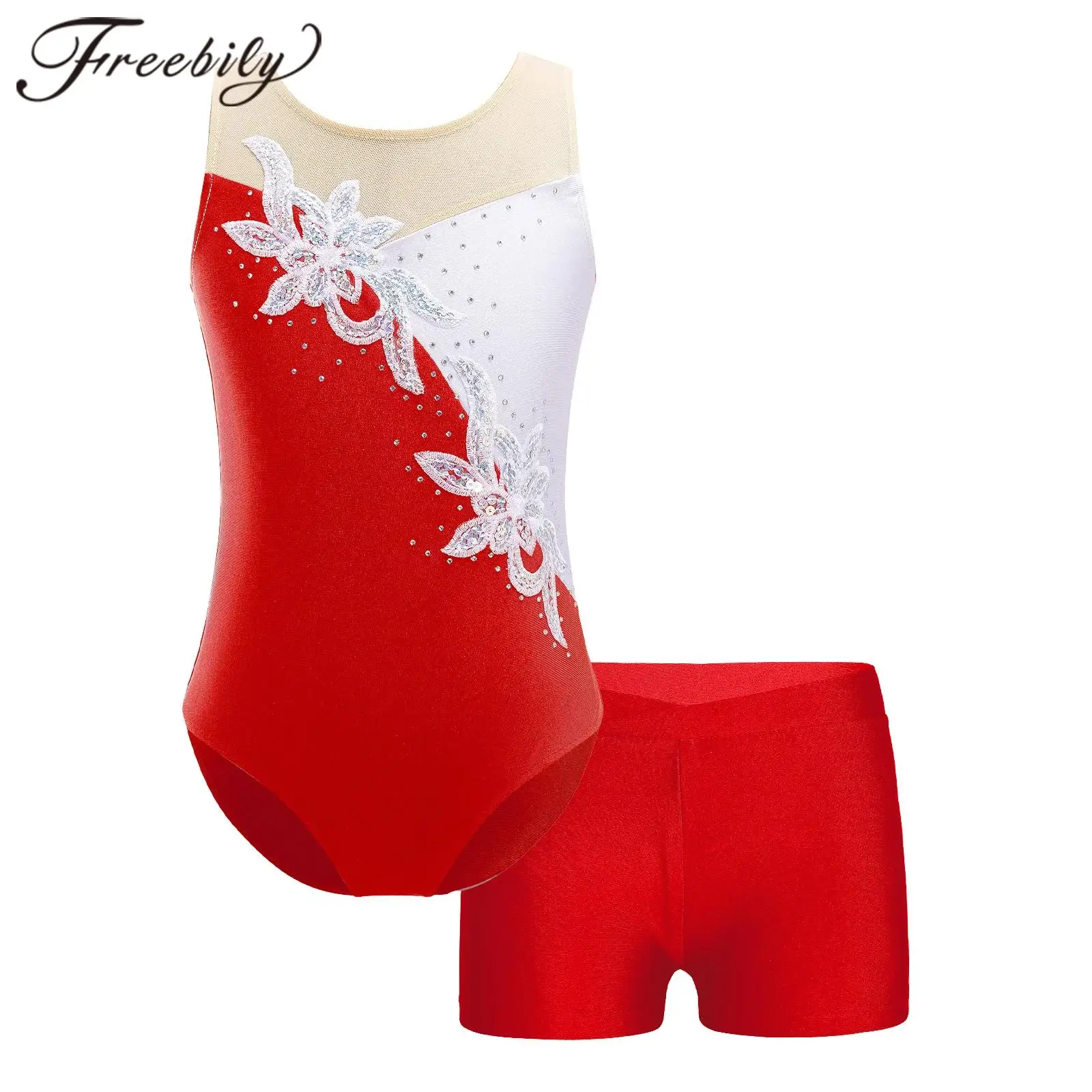Children Dance Leotards Gymnastics Dancewear Sets Kids Girls Sleeveless Gymnastics Leotard with Shorts Ice Skating Gymnastics Jumpsuit Children Ballet Dance Outfits Dancewear