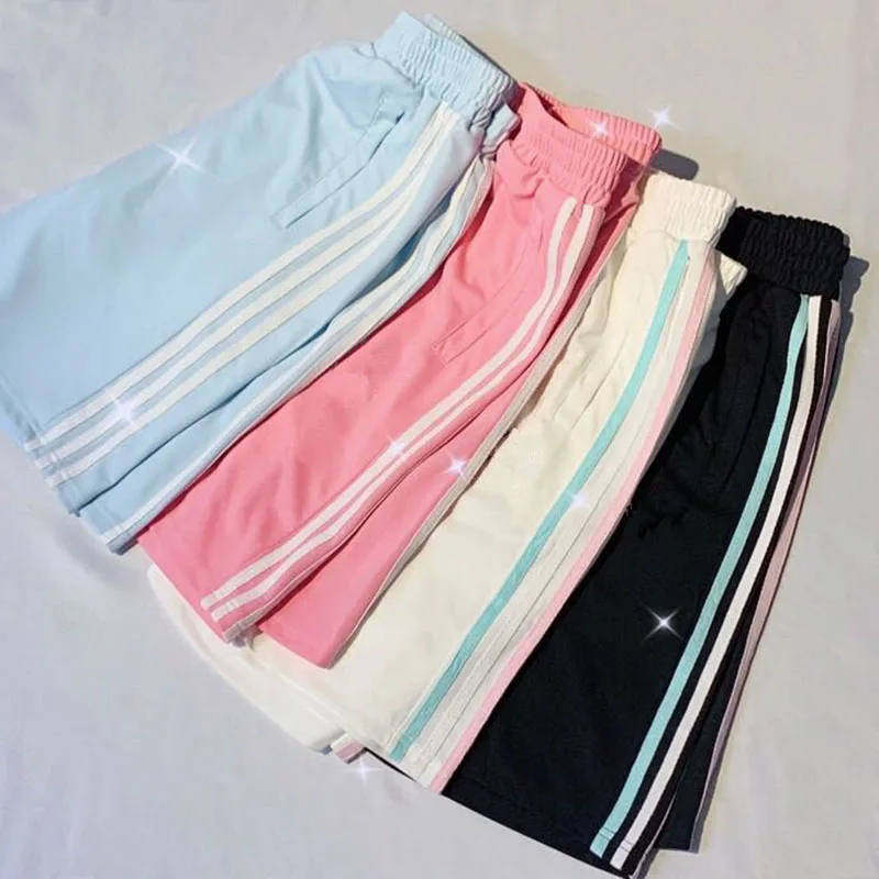 

GIDYQ Y2k Striped Shorts Women Korean Elastic High Waist Pockets Wide Leg Sport Shorts Biker BF Couple Casual Shorts Summer