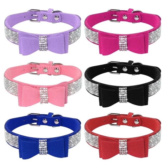 Bling Rhinestone Dog Collar Cute Bowknot Puppy Cat Collars Soft Padded Pet Necklace With Bowtie Warm For Small Dogs Chihuahua 3
