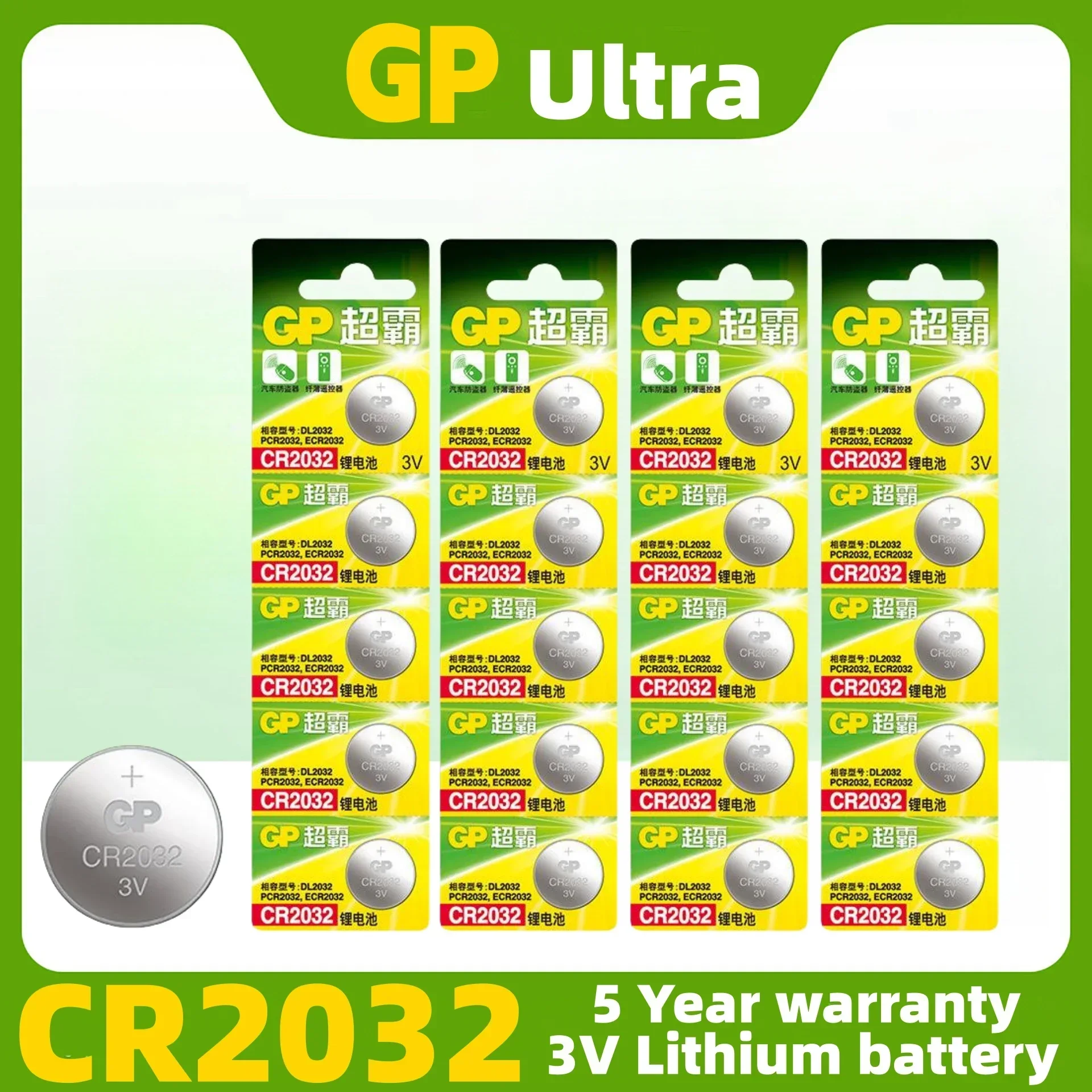 자동차 리모컨 계산기용 GP CR2032 배터리, 3V 리튬 필라, ECR2032 BR2032 DL2032 2032 코인 셀 배터리, 5-100PCs