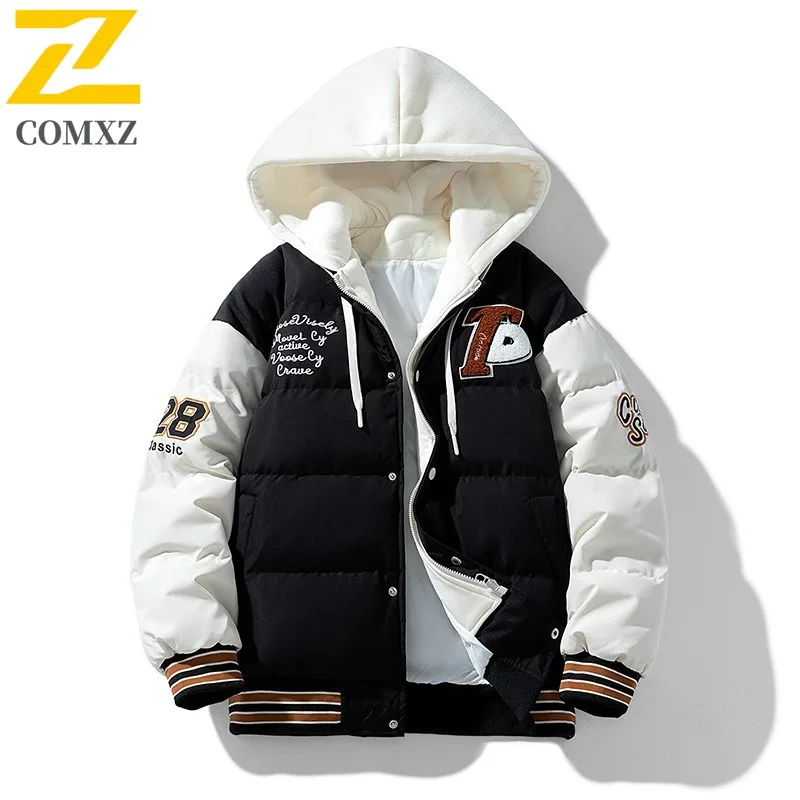 COMXZ 2025 New Teen Men Fake Two-Piece Cotton Jacket Hooded Thickened Trendy Stitch Winter sport Outerwear School Daily Outings​