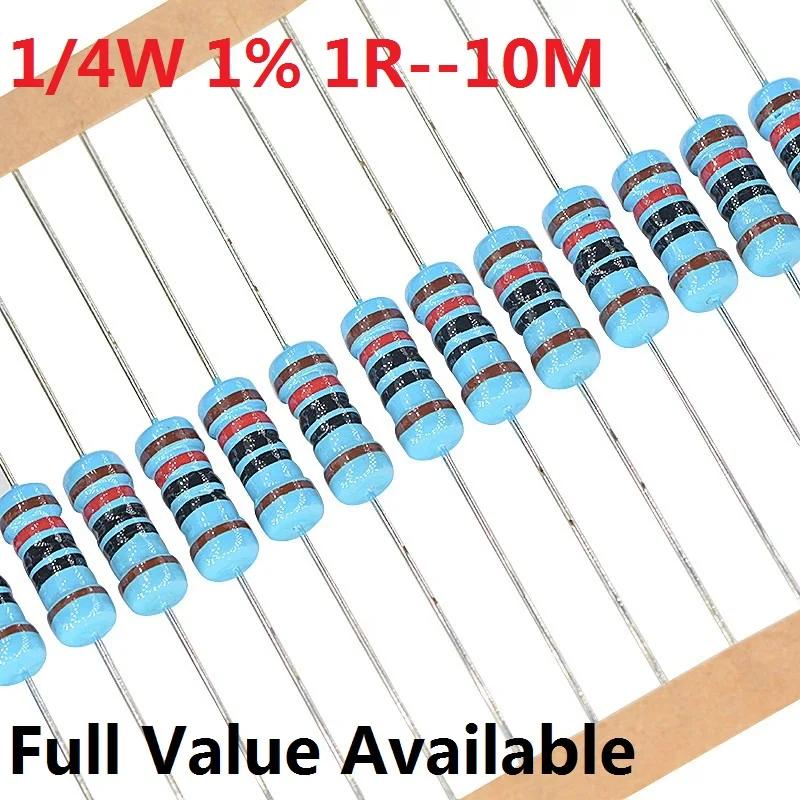 100pcs Metal Film Resistors 1R-10M +-1% 10K Ohm 4.7k 2.2K 1K 100K 0.25W 0R 3/4/5/6/7/8/9.1.2.3.4.5.6.7/R/K