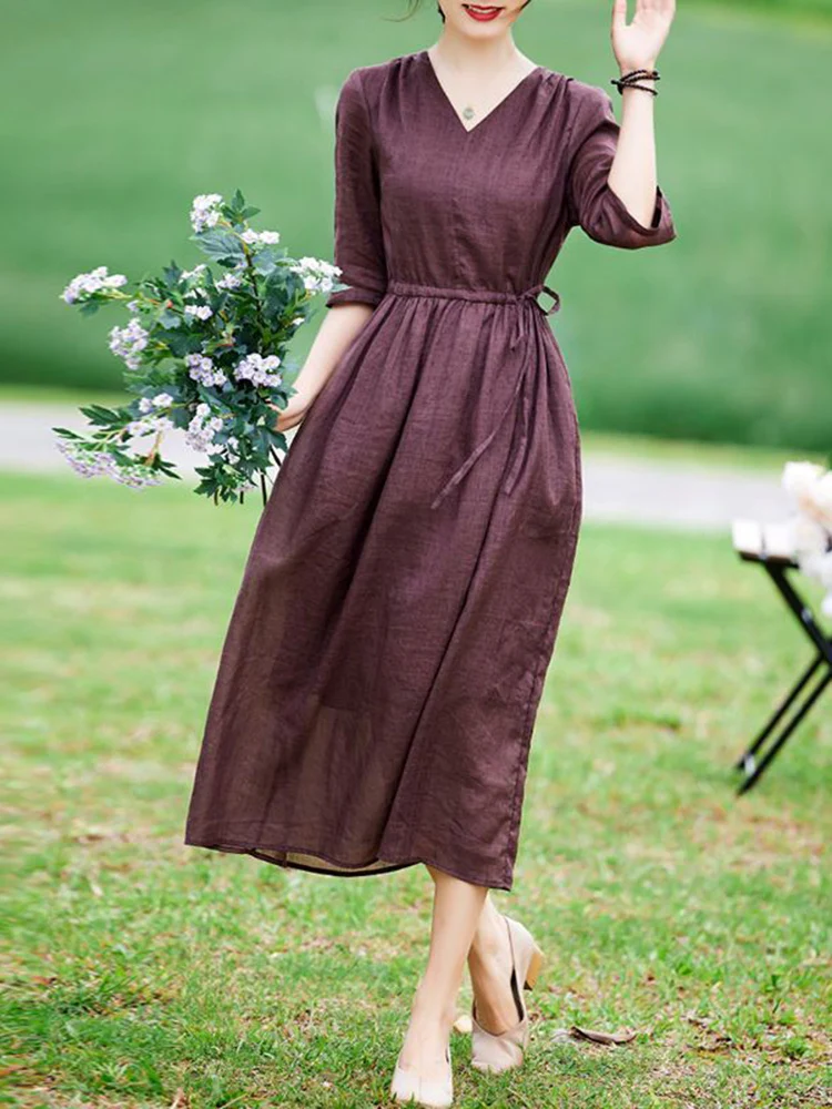 2025 Summer Solid Color V-Neck Drawstring Dresses Women Casual Elegant Long Dress Office Lady Work Vestidos Fashion Clothing