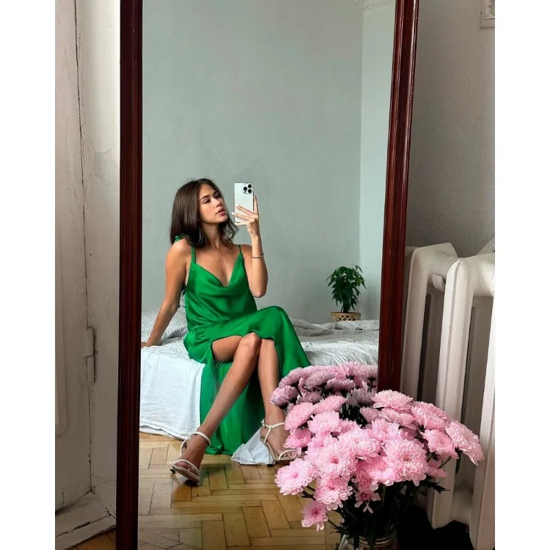 Women¡®s Sexy High Silt Spaghetti Strap Chain Long Dress V Neck Sleeveless Lace Up Backless Loose Evening Club Party Dress
