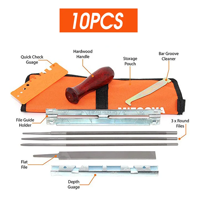Chainsaw sharpening kit 10/11/12 pcs set professional hardwood handle round/flat file guide bar file sharpener tools