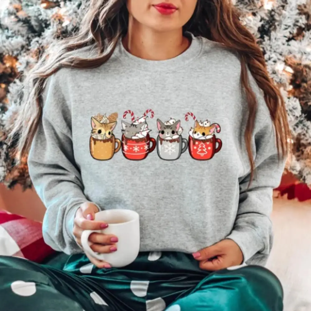 Christmas Cats Sweatshirt Kitten Coffee Sweater Cute Cat Lover Gift Pullover Casual Street Tracksuit Oversized Tops свободная футболка puma graphic street cats пума блэк