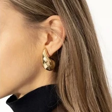  Vintage Gold Plated Chunky Dome Drop Earrings for Women Glossy Stainless Steel Thick Teardrop Earrings Dupes Lightweight Hoops 