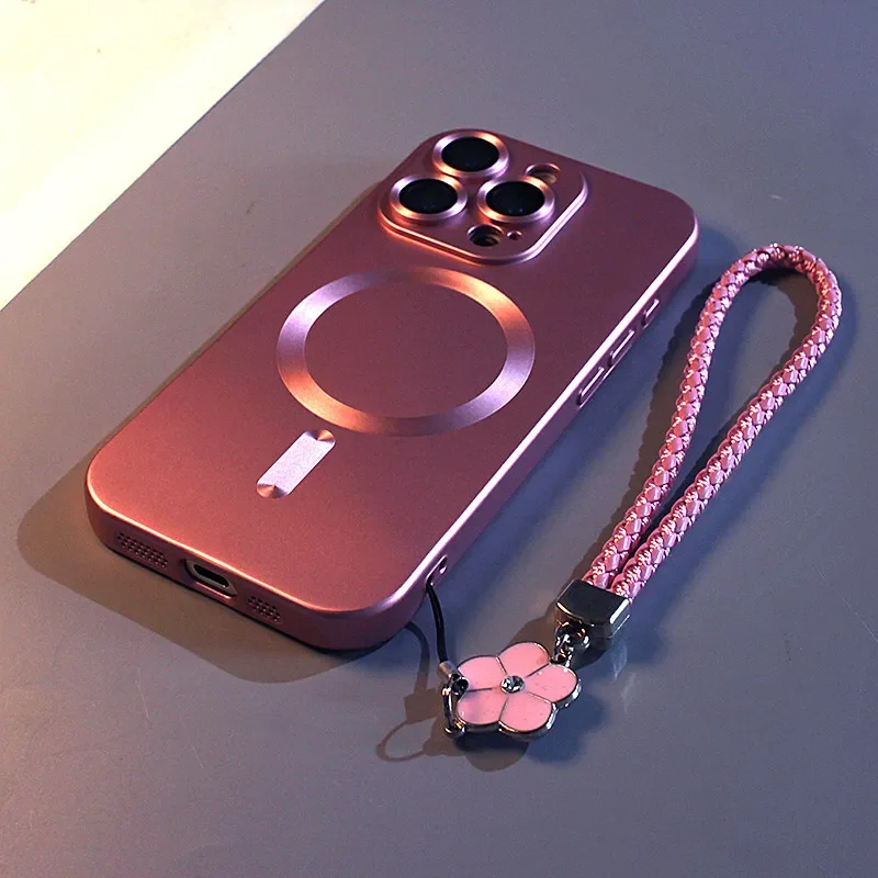 Luxury Matte Magnetic Wireless Charging Case with Strap - Soft TPU Cover