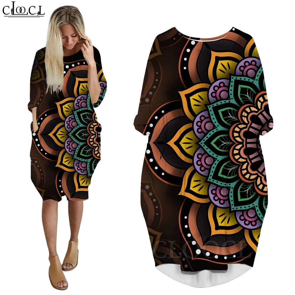

CLOOCL Dresses for Women Party Gown Loose Long Sleeve Over The Knee Midi Dress Retro Large Flower Print Female Y2k Clothing