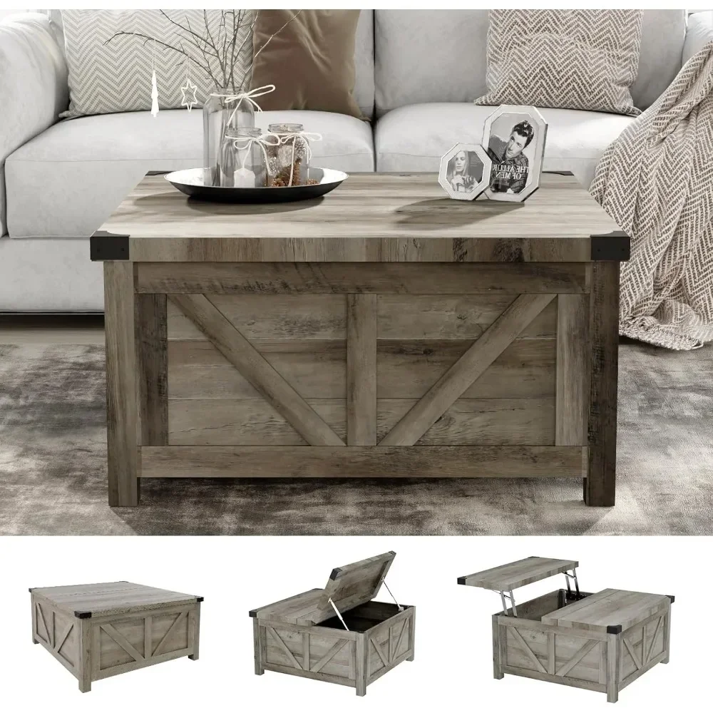 Farmhouse Lift Top Coffee Table with Storage, Wood Square Center Table with Charging Station&USB Ports, Living Room Central Tabl