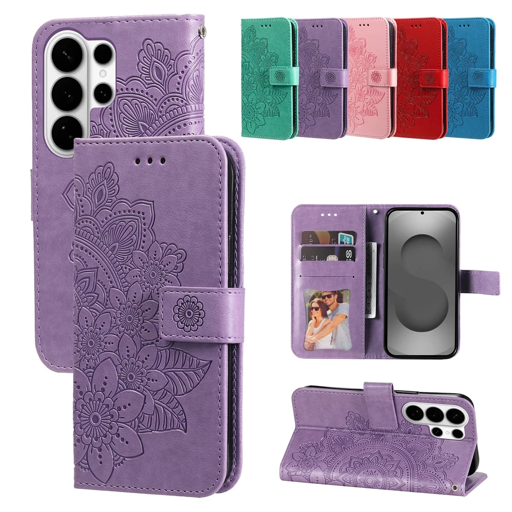 Premium Magnetic Leather Wallet Flip Case | Flower & Embossed Design