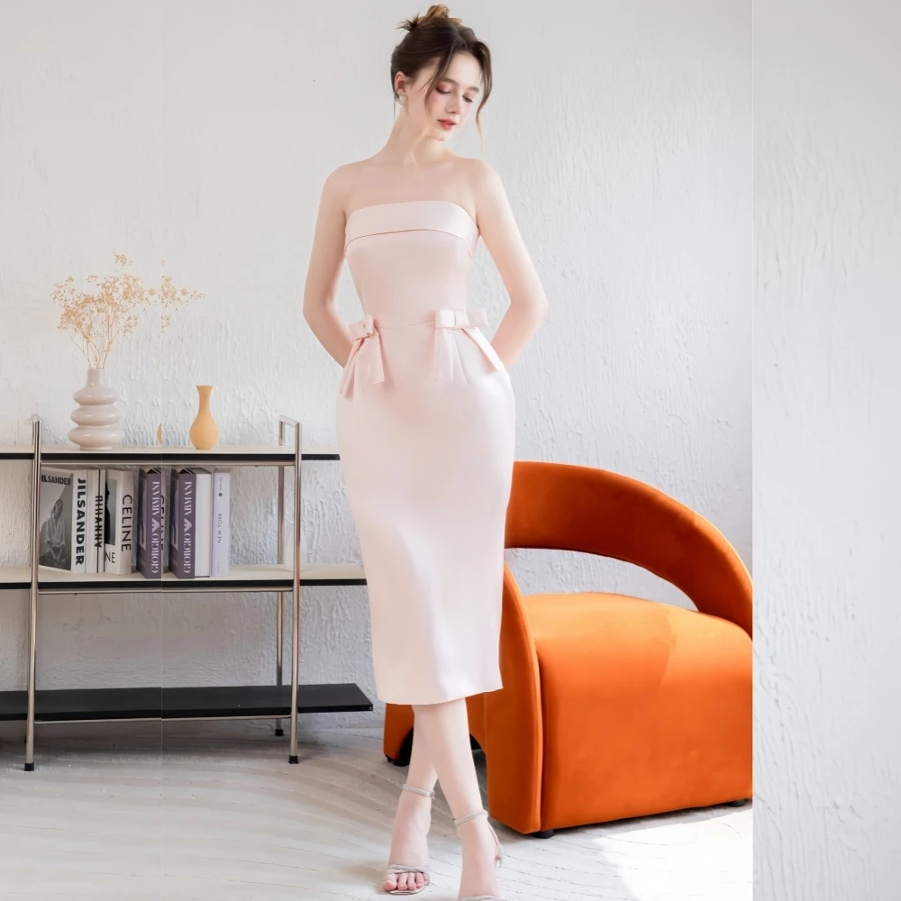 Jersey Bow Pleat Clubbing Column Strapless Bespoke Occasion Gown  Midi Dresses
