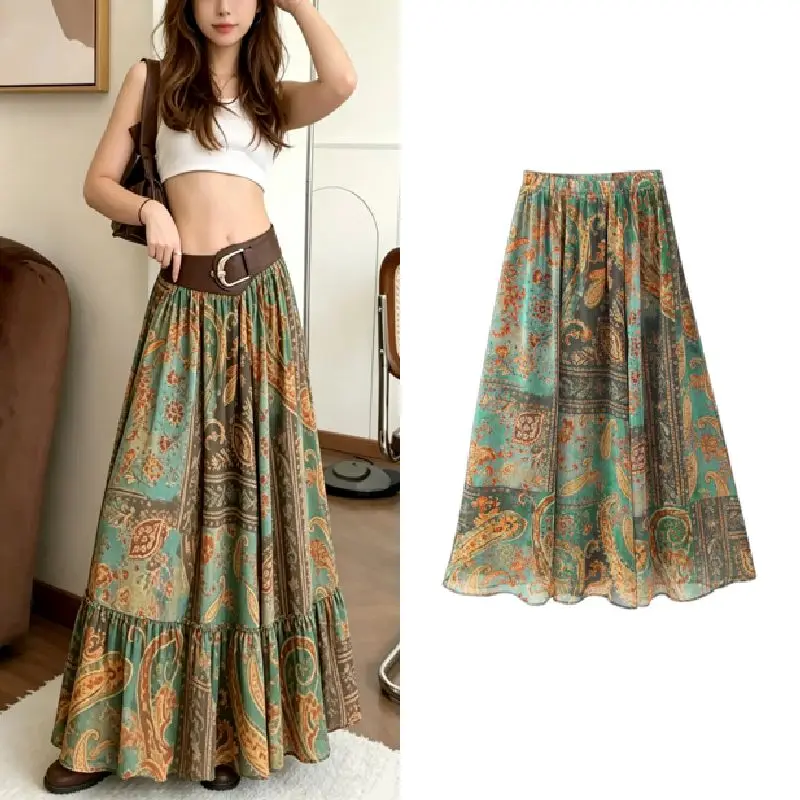 Vintage Bedruckter Chiffon-Midirock 2026 Sommer Damen Boho Elastische Taille A-Linie Fließender Rock Böhmischer Lässiger Alltagsrock mit Hoher Taille