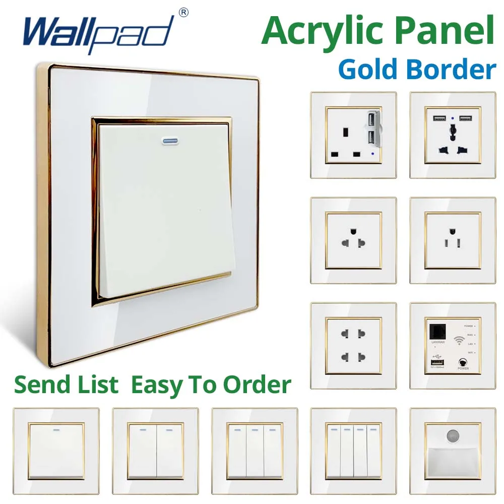 Prese E Interruttori Wallpad Us Uk Pannello Acrilico Bianco 220V Con Bordo Dorato Porta Di Ricarica Usb Presa 1 2 3 4 Gang 2 Vie Reset 3 Vie