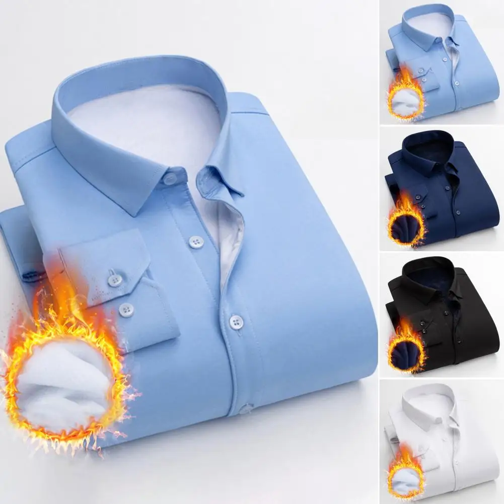 

Business Shirt Men's Thick Fleece Lining Business Casual Shirts for Autumn Winter Slim Fit Long Sleeve Single Breasted Tops Men