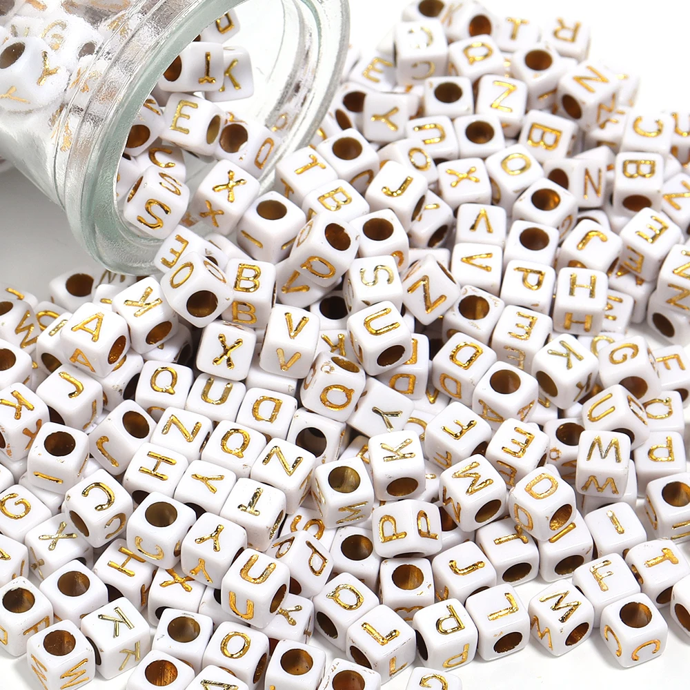 Cube Acrylic Beads 100Pcs/Lot 4.5mm 6mm Alphabet Gold Letter Spacer Loose Beads For DIY Crafts Ornament Making Finding Accesso