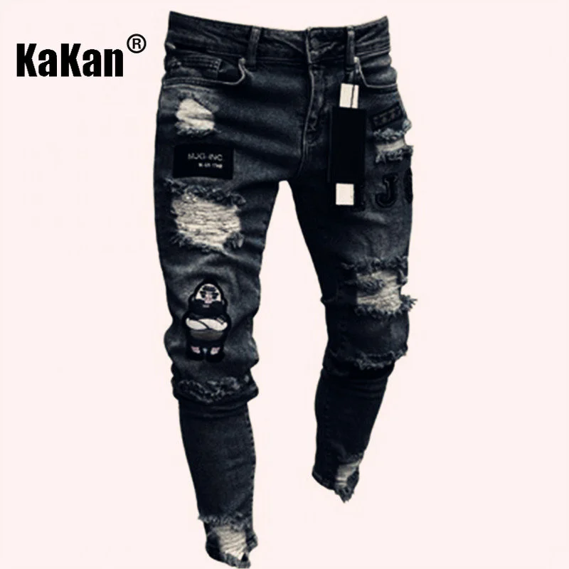 Kakan European and American High-quality New Long Jeans Men's Elastic Tight Jeans, Hole Badge Slim-fit Pants Jeans K14-881