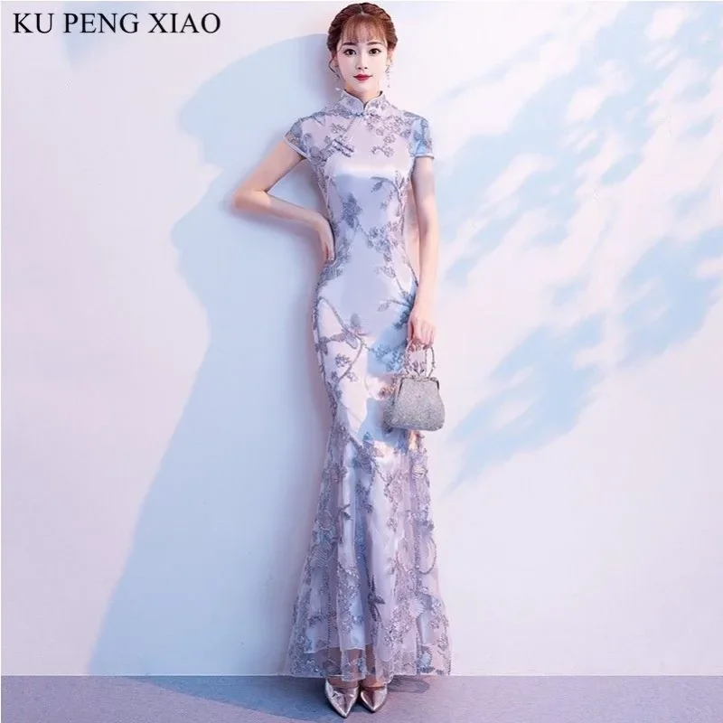 

Платье-Ципао с коротким рукавом, улучшенное Длинное Элегантное приталенное платье в китайском стиле с рыбьим хвостом