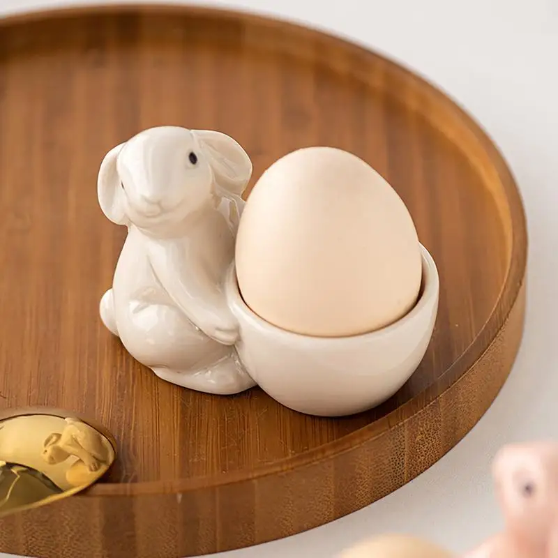 Egg Holder Ceramic Rabbit Egg Cup Easter Bunny Egg Stand Tabletop Figurine 1pcs