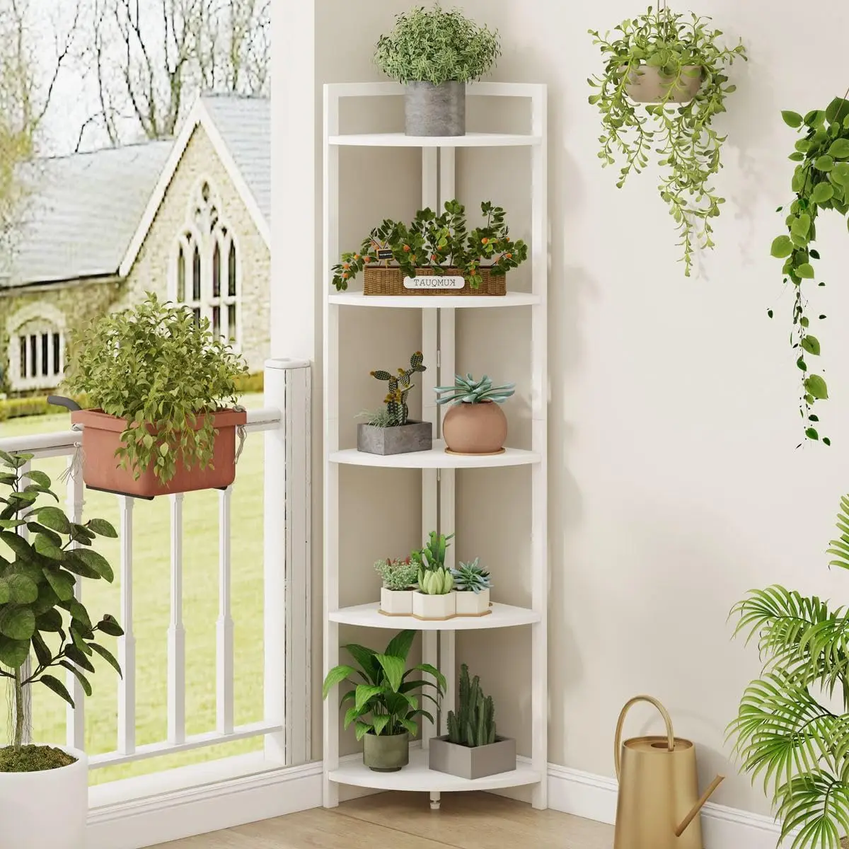 Tall Corner Shelf, 5 Tier Modern Corner Bookshelf Stand, Wood and Metal Plant Bookcase